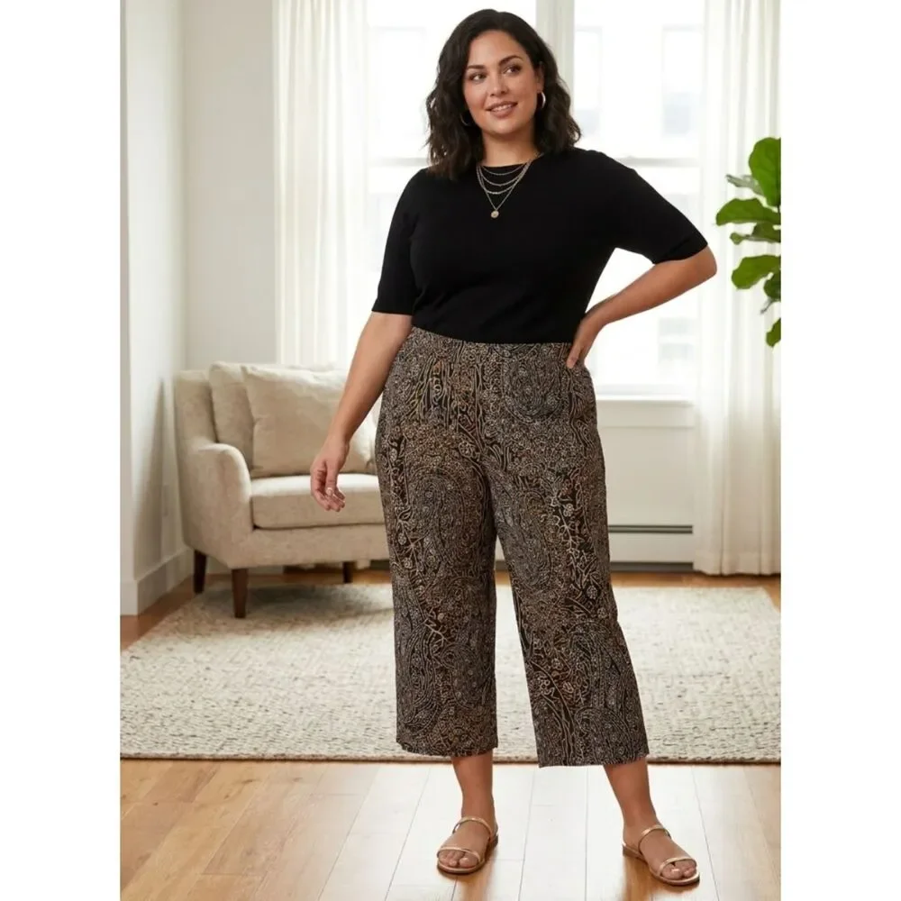 Susan Graver Paisley Liquid Pull-On Wide Leg Crop Pants Women's Plus Size 2X